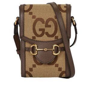 Gucci Horsebit 1955 Jumbo GG Canvas Calfskin Mini Bag Camel Ebony 625615